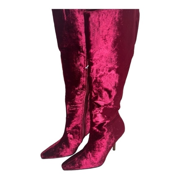 Colin Stuart Red Velvet Leather Mid Calf Pointed Toe Heel Boots Size 7M - Picture 13 of 16